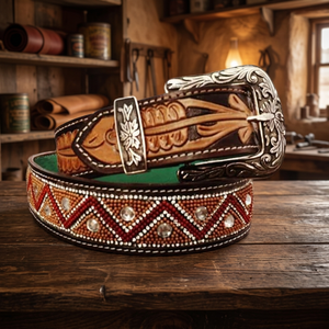BS INTERNATIONAL NA39 High Quality Heat-Transfer Printed Antique Cow Hide Leather Floral Embroidery Steel <b>Skull</b> Buckle Belt - Product Image 1