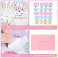 Ensemble d'invitations pour fête d'anniversaire sur le thème de la licorne avec enveloppes, autocollants, formulaires à remplir pour les enfants et les filles, célébration magique arc-en-ciel, vente en gros