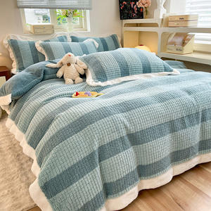 Striped <strong>Teddy</strong> <strong>Fleece</strong> 4Pcs Bed <strong>Sheet</strong> Bedding Set Comforter Cover Quilt Thicken Bedspread Flat <strong>Sheet</strong> Set for Winter - Product Image 2