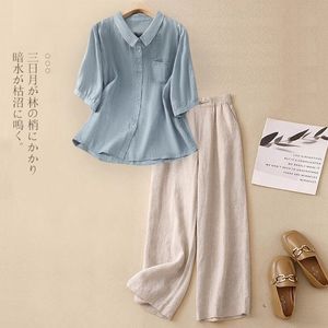 Women's Casual Cotton <b>Linen</b> <b>Top</b> And Trousers Set Three Quarter Sleeve Loose Wide Leg Breathable Summer Outfit - Product Image 1