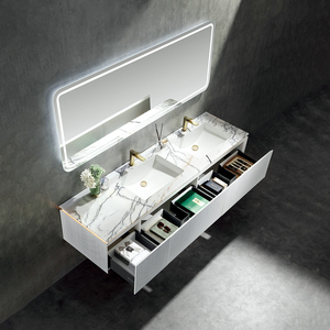 Meubles de salle de bain modernes en bois massif imperméable avec finition peinture PVC, double vasque et miroir pour hôtel et appartement - Product Image 5