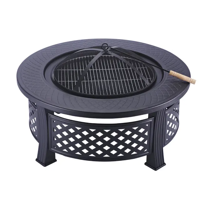 32 Zoll Outdoor Round Lattice Steel Feuerstellen mit Spark Screen Poker BBQ Grill Holzkohle Feuerstelle