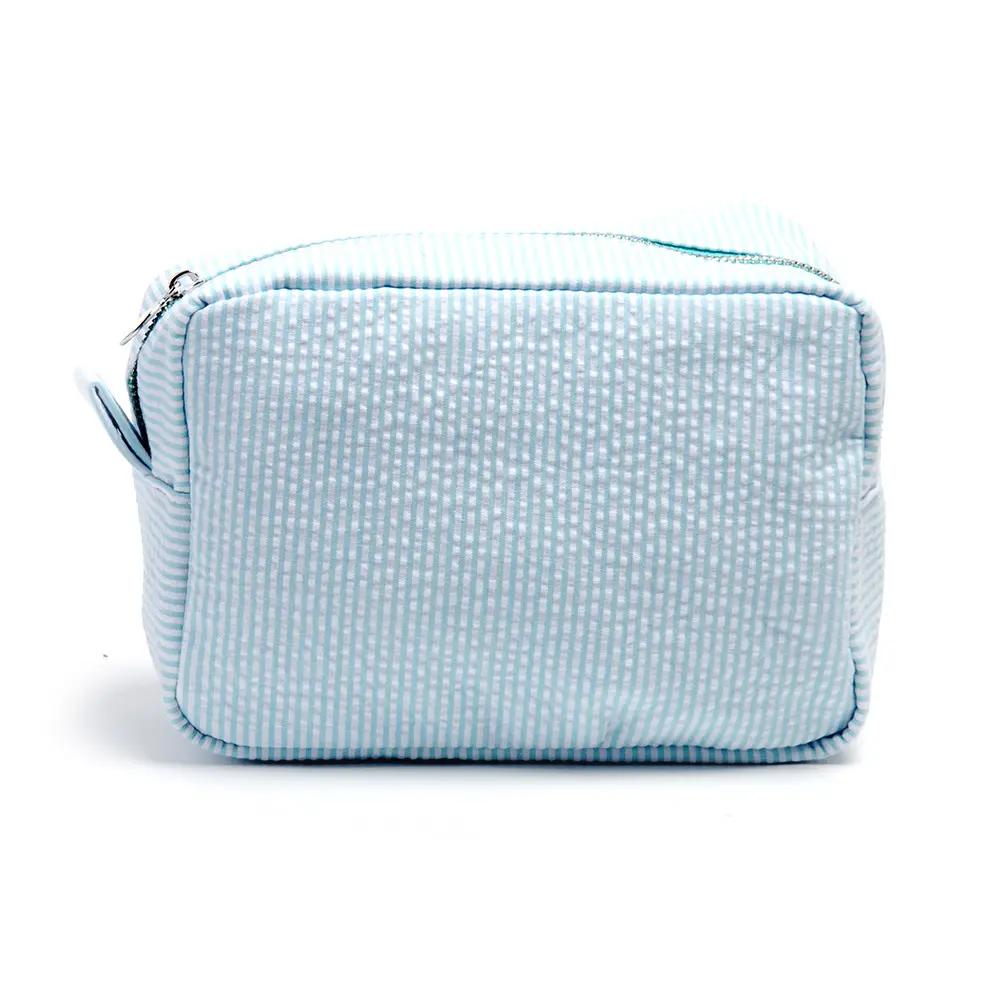 Bolso de viaje portátil de Metal con cremallera para mujer, bolsa de cosméticos a rayas azules lisas