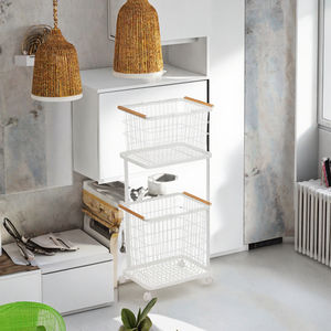 Chariot de rangement multifonctionnel à 2 niveaux non pliant avec poignée en bois et cadre métallique en acier au carbone pour la buanderie Salle de bain - Product Image 3