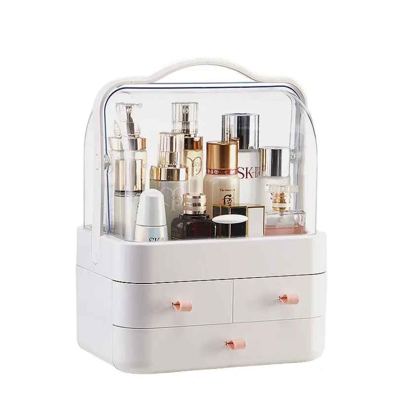 Kotak penyimpanan Makeup portabel tahan debu, kotak penyimpanan kosmetik dengan pegangan tutup tahan air untuk meja rias kamar tidur