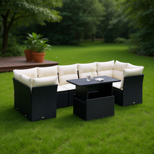 Black And Cream Garden <b>Sofa</b> <b>Set</b> With Cushions Outdoor Furniture Rattan Waterproof Contemporary Design - Product Image 2