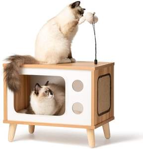 Cat House Condo en bois en forme de téléviseur pour chat-Grand abri intérieur de luxe robuste avec jouets à gratter pour coussin - Product Image 1