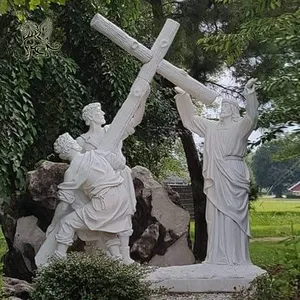 BLVE منحوتة يدويًا بالحجم الطبيعي ديني المسيح المسيح يحمل تماثيل رخامية متقاطعة 14 محطة الصليب