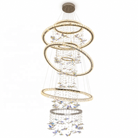 Lustre circulaire multi-anneaux de luxe personnalisé Senfey avec cristaux papillon, grande hauteur réglable, pour plafond haut et escalier