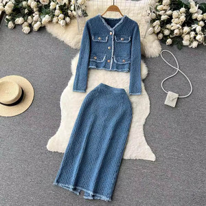 Boutique autunno nuova giacca alla moda in Denim corto <span class=keywords><strong>con</strong></span> <span class=keywords><strong>frange</strong></span> e Modulare mezza <span class=keywords><strong>gonna</strong></span> da donna - Product Image 1