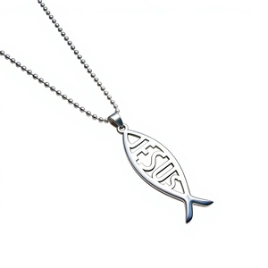 Collier pendentif unisexe tendance hip-hop en acier inoxydable avec chaîne en bambou, motif poisson ajouré, lettre anglaise et <span class=keywords><strong>nom</strong></span> <span class=keywords><strong>de</strong></span> Jésus - Product Image 6