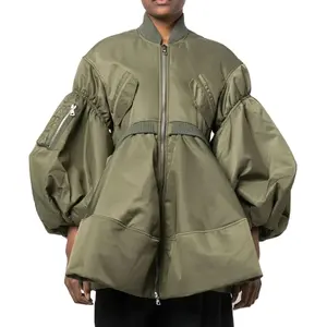 Chaqueta bomber de manga abombada verde para mujer, abrigo con cremallera, a prueba de viento, informal, holgada, de carga, novedad