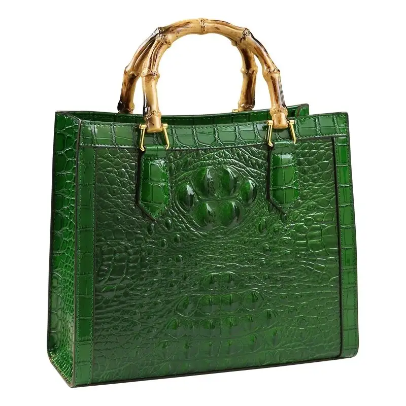 Bolsa de mão feminina de bambu com estampa de crocodilo, bolsa portátil de couro legítima para mulheres, sacola mensageiro de ombro para mãe e maré