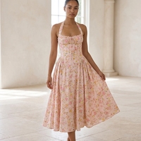 Robe nuisette florale, Robe nuisette florale française d'été pour femme, ajustée, dos nu, fente latérale, sans manches, pour le quotidien et les soirées