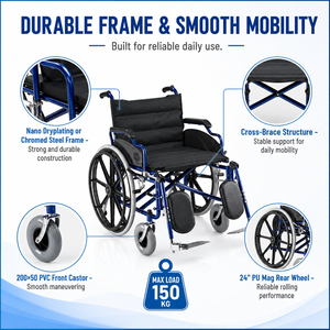 Fauteuil roulant manuel en acier robuste pour patients obèses avec roues larges et capacité de 120 kg pour une utilisation à l'hôpital et à domicile - Product Image 3