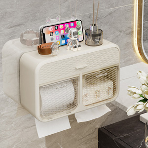 Wall Mounted Toilet Paper <b>Holder</b> Shelf No Drill Waterproof Double Compartment Tissue Box Bathroom Storage Organizer - Product Image 1