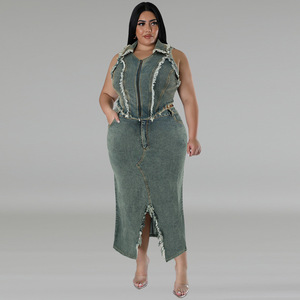 <strong>Plus</strong> <strong>Size</strong> Women's <strong>Denim</strong> Set Short Sleeve Tassel Zipper Top and Split Long <strong>Denim</strong> <strong>Skirt</strong> Set 2 Piece <strong>Outfits</strong> for Women