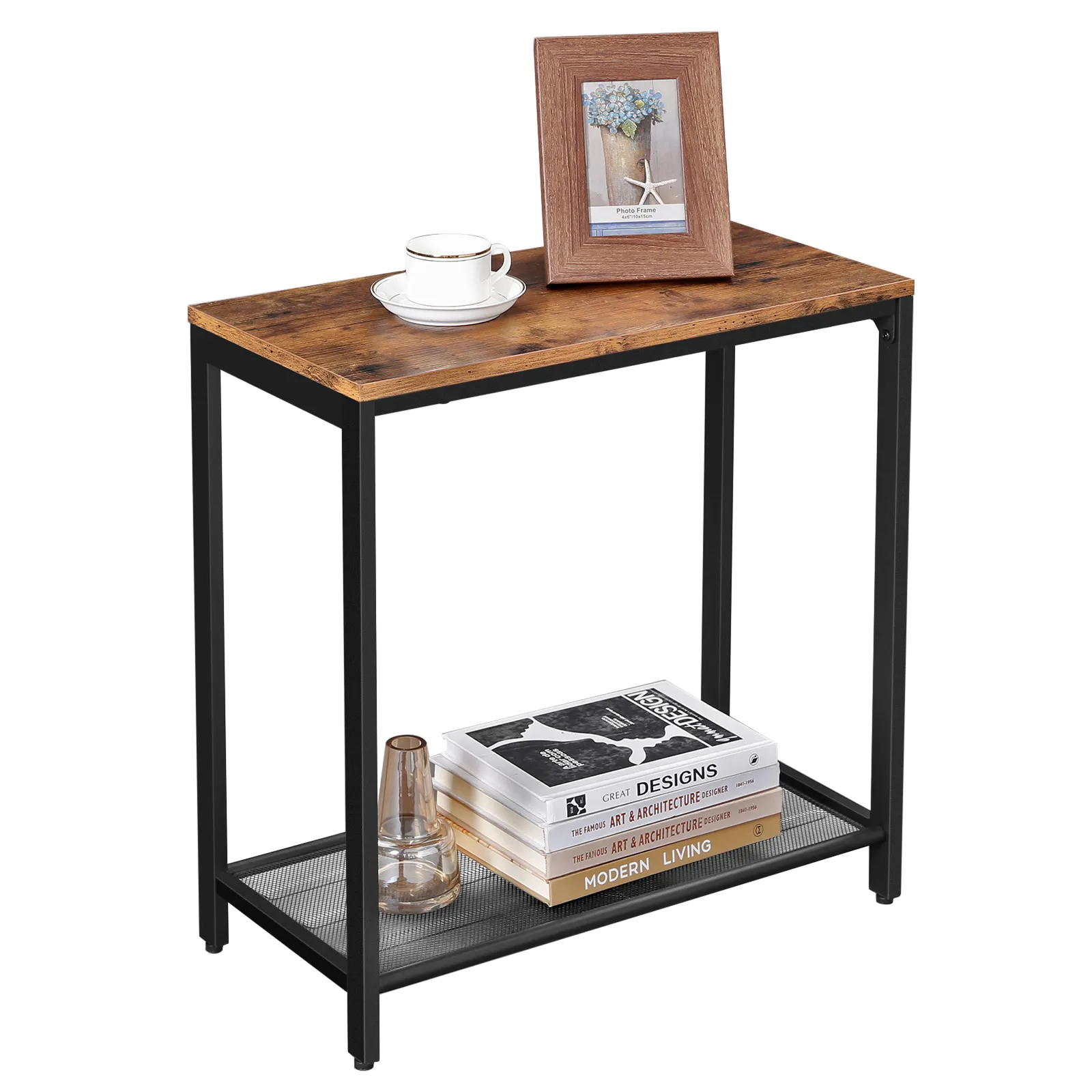 VASAGLE Industrial Sofa Side Table For Bedroom Narrow Small End Table with Mesh Shelf
