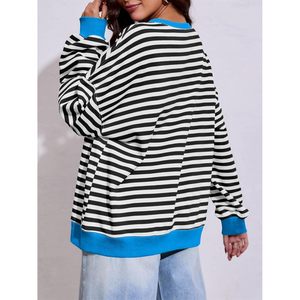 Fisoew Women's Striped Oversized Sweatshirt Color Block Crew Neck Long Sleeve Casual Loose Pullover <b>Top</b> <b>Y2K</b> Style - Product Image 3
