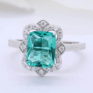 Wholesale Vintage 925 Sterling <b>Silver</b> Halo <b>Emerald</b> Cut Paraiba Tourmaline Wedding Engagement <b>Ring</b> Bridal Round Diamond CZ <b>Rings</b> - Product Image 1
