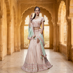 Pink Embroidered <b>Silk</b> and Crepe Lehenga Choli With Mint <b>Green</b> Dupatta For Wedding Wear - Product Image 4