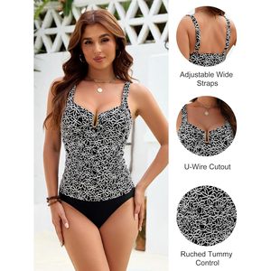 Maillot de bain tankini deux pièces pour femme FOXA, imprimé floral, effet ventre plat, couvrance intégrale, col plongeant, en Spandex et Polyester - Product Image 4