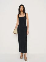Robe longue décontractée d'été en jean noir pour femme, col carré, sans manches, respirante, écologique, élégante pour soirée et fête