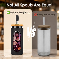 Bouteille d'eau en verre de 20 oz avec manchon en silicone, double couvercles (bambou et plastique), pailles réutilisables en acier inoxydable, gobelet à smoothie