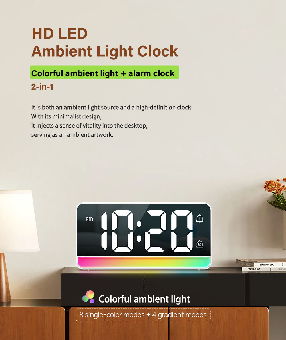 OEM ODM LED Digital Display Multi Functional Table Alarm Clock With Snooze Ambient Light Desk Clock