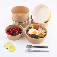 Bol rond en papier kraft avec couvercle, logo personnalisé OEM, nouilles biodégradables, riz, aliments chauds, salade, soupe