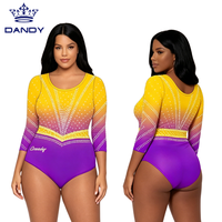 Justaucorps de gymnastique ombré violet, rose et noir à manches trois-quarts avec strass, logo de marque personnalisé, en spandex extensible