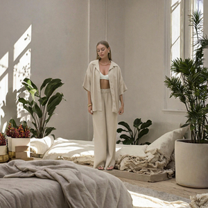 Ensemble pour femmes en coton 100% avec chemise à col cranté à manches courtes et pantalon tissé respirant pour l'été - Product Image 3