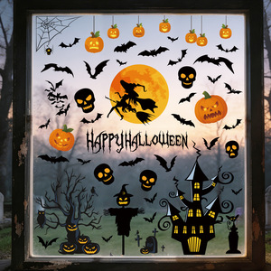 Autocollants statiques pour fenêtres d'Halloween, décorations de fenêtres en verre pour fête d'Halloween avec des motifs de citrouille, sorcière, chauve-souris, épouvantail, fantôme - Product Image 1