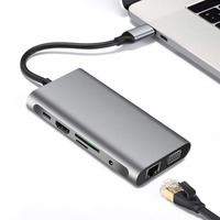Stasiun Dok 10 in 1 kualitas tinggi Tipe c ke HDMI + Port jaringan VGA braket PD HUB USB-C Hub multifungsi