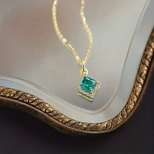 Collana con Ciondolo in Cristallo Verde Quadrato per Donne, Stile Giardino, Catena per Clavicola, Gioielli alla Moda - Product Image 6
