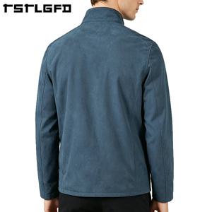 Custom Blue <b>Suede</b> <b>Jacket</b> Reversible Navy Leather Stand Collar Smart Casual Panelled Double Sided Coat Wholesale Bulk - Product Image 3