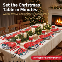 Ensemble de vaisselle de table décorative à thème de Noël, comprenant des assiettes en papier argentées imprimées de motifs rouges, des gobelets en papier et des serviettes en papier, pour les fêtes