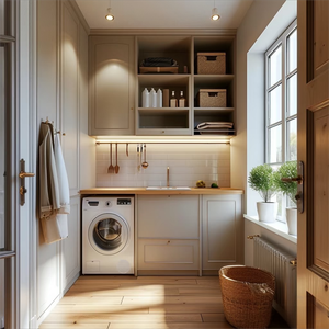 Gabinetes <span class=keywords><strong>de</strong></span> lavandería personalizados <span class=keywords><strong>de</strong></span> diseño <span class=keywords><strong>de</strong></span> lujo moderno <span class=keywords><strong>de</strong></span> madera respetuoso con el medio ambiente con gabinetes <span class=keywords><strong>de</strong></span> almacenamiento y lavabo para <span class=keywords><strong>ropa</strong></span> sucia - Product Image 5