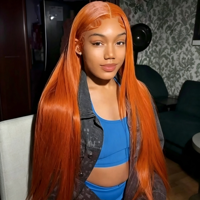 Perruque frontale HD sans colle, transparente, à cuticules alignées, longue, couleur orange, qualité salon US, cheveux humains vierges bruts, ultra-lisses