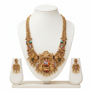 High Quality Traditional South <b>Indian</b> Temple Ethnic Brass Laxmi Bridal Set Zircon Flower Design Rose Gold Plated Engagement - Product Image 2