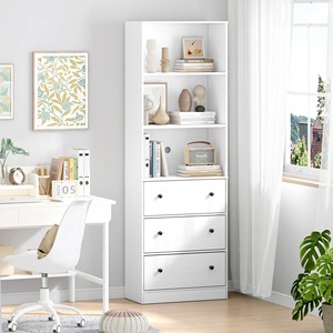 Custom High Quality 70 Inch White Tiered Shelf Standard <strong>Bookcase</strong> Cabinet with Drawers Open Shelves Storage Bookshelf - Product Image 1