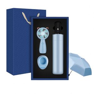 Ensemble cadeau moderne de bouteille d'eau en acier inoxydable et de parapluie compact dans une boîte bleue, couleur blanche, design pratique - Product Image 6