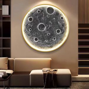 Quadro da parete moderno con design a <span class=keywords><strong>luna</strong></span>, cornice rotonda in lega di alluminio, luce LED, personalizzabile, pittura a cristalli di porcellana ad acquerello. - Product Image 2