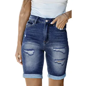 Blue Jean Shorts High Waist Roll-up Distressed Denim Bermuda Shorts for Women