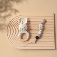 2PC Hochet lion en bois et chaîne de sucette animale au crochet pour le développement précoce des bébés Cadeaux de Thanksgiving