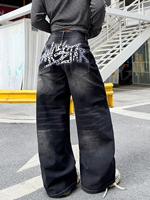 Jeans en denim noir délavé pour femme, imprimé graffiti, clouté, taille haute, coupe ample, jambe large, style streetwear Y2K, vente en gros