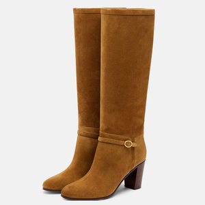 Large Size 46 Solid Wide Fit Women's Knee High Boots Buckles Chunky High <b>Heels</b> Shoes <b>Round</b> <b>Toe</b> on Long Booties - Product Image 5