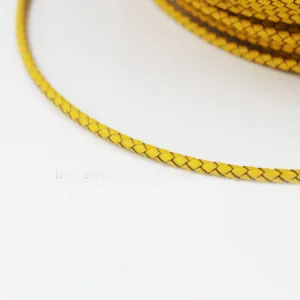 Bmz pulseira de couro trançado verdadeiro, cabo de couro com borda amarela de 3mm, cor dourada, bolo, chaveiro