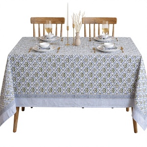Handmade Block Print Cotton <b>Tablecloth</b> Farmhouse Wedding Party Dining Decor Boho Floral <b>Rectangle</b> Customized Logo New Year - Product Image 1