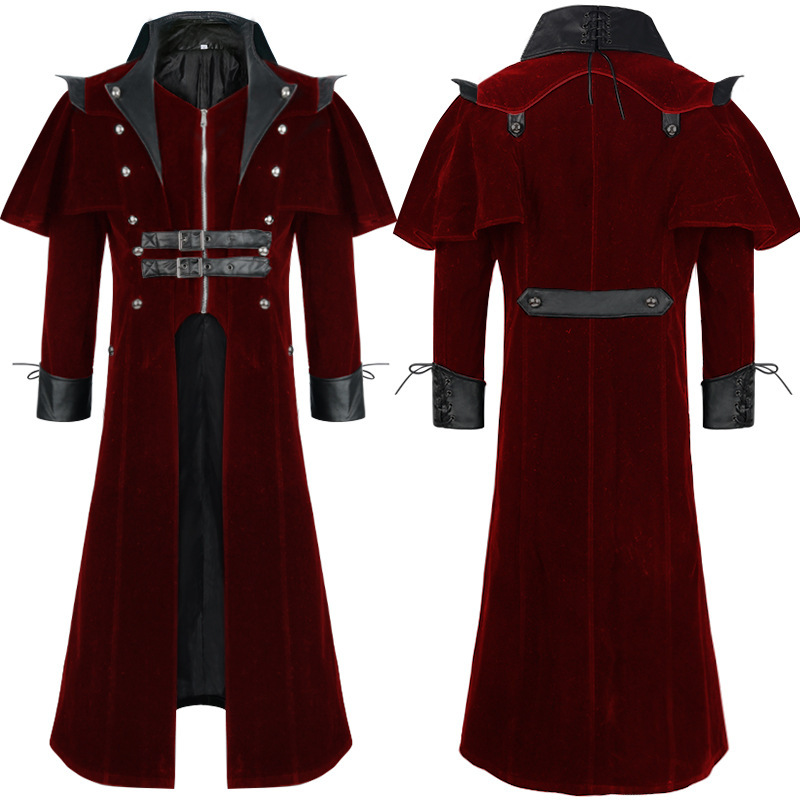 YQVGFBY Abrigo Medieval Steampunk Para Hombre – Chaqueta Gótica Victoriana Con Babero Y Puños De Encaje – Disfraz Halloween Vampiro Pirata – Tallas S A 3XL
